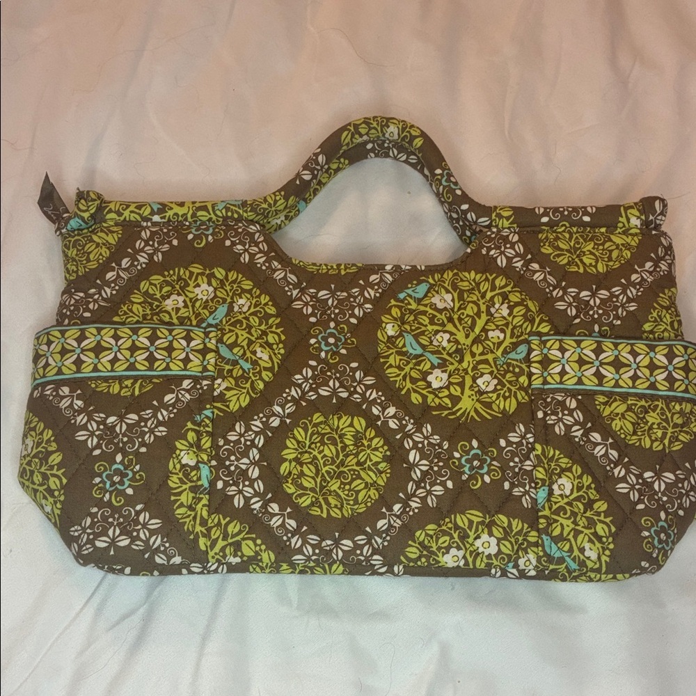 Vera Bradley Short Handle Bag Brown and Olive Green Zip Close EUC - Picture 3 of 15
